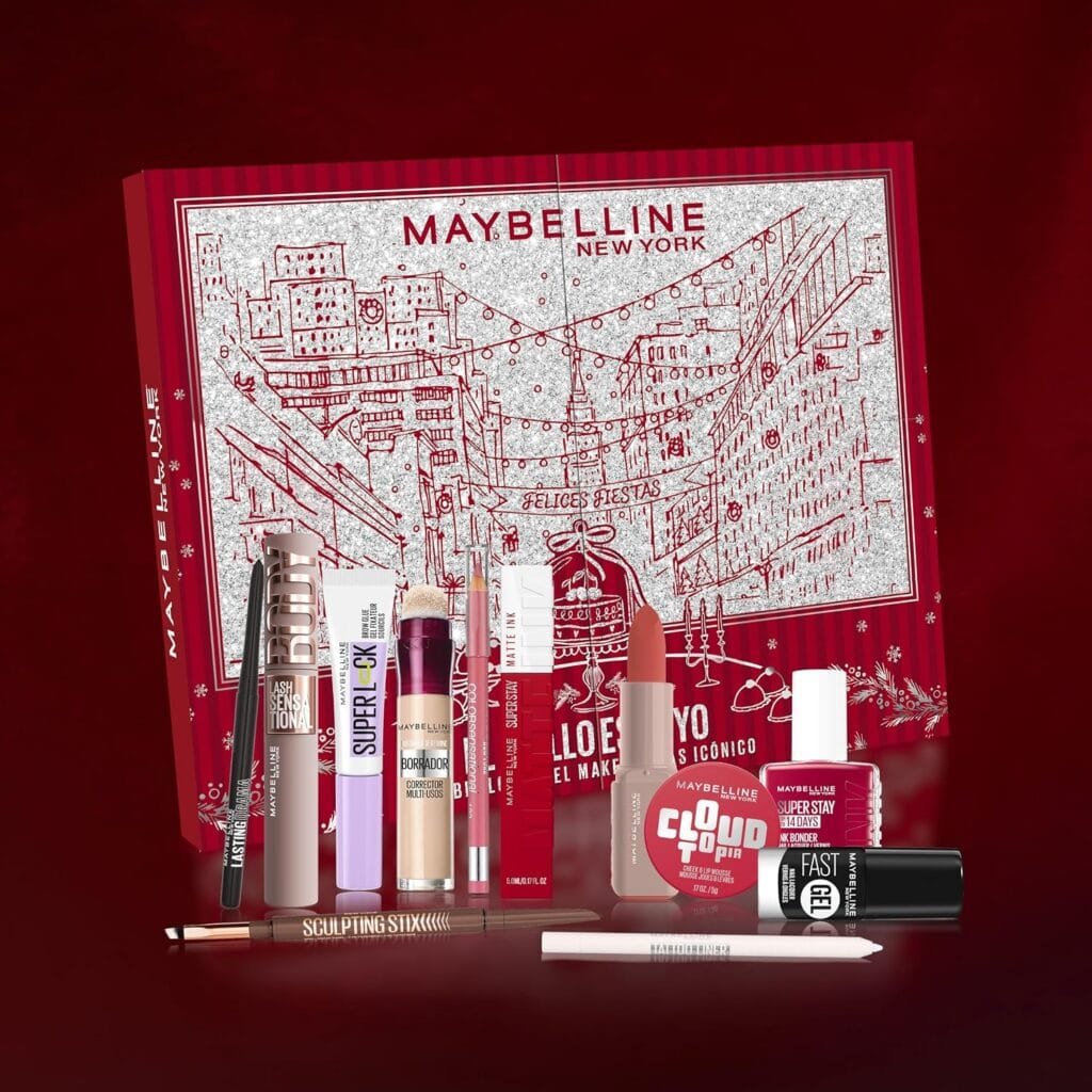 La caja del Calendario de adviento Maybelline 2026 de 12 días con los productos que incluye