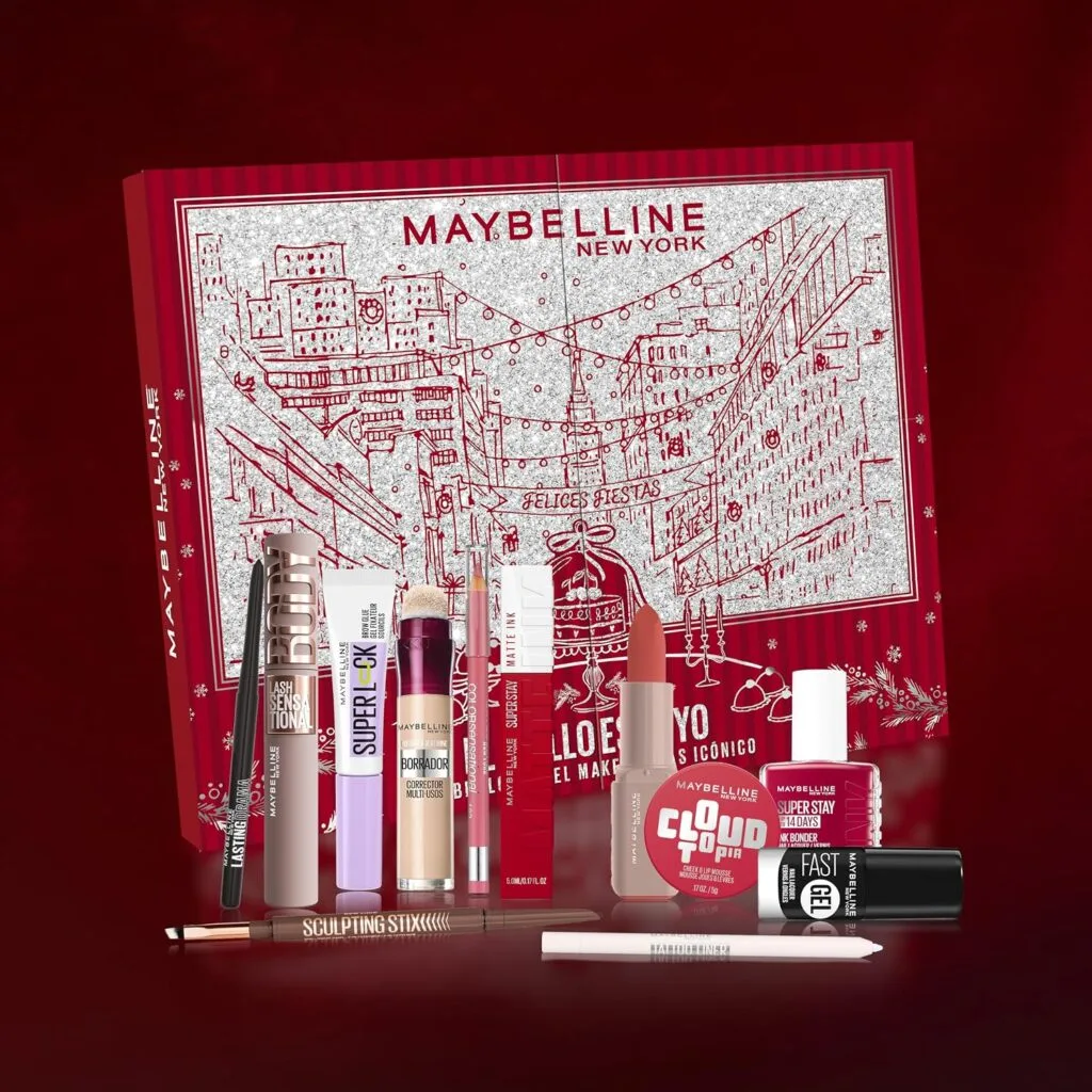 La caja del Calendario de adviento Maybelline 2026 de 12 días con los productos que incluye