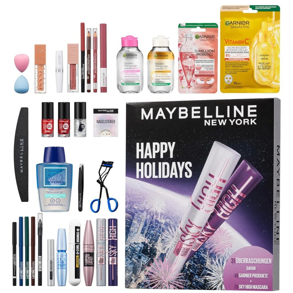 La caja y los productos de maquillaje del Calendario de Adviento Maybelline New York 2025 de 31 días