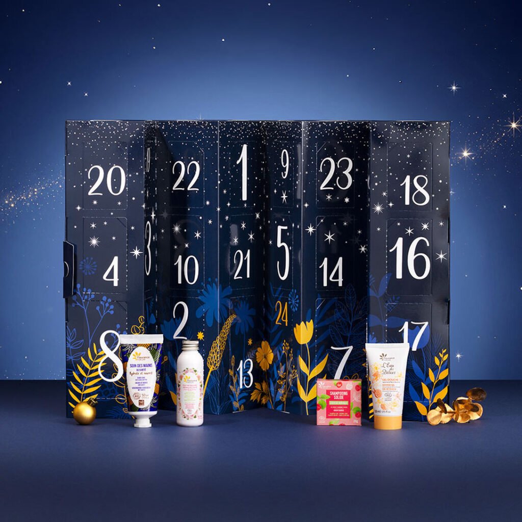 La caja y algunos productos del Calendario de adviento Fleurance Nature 2026 "Noche Estrellada"