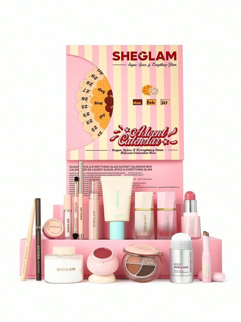 La caja y los productos del Calendario de adviento SHEGLAM 2025
