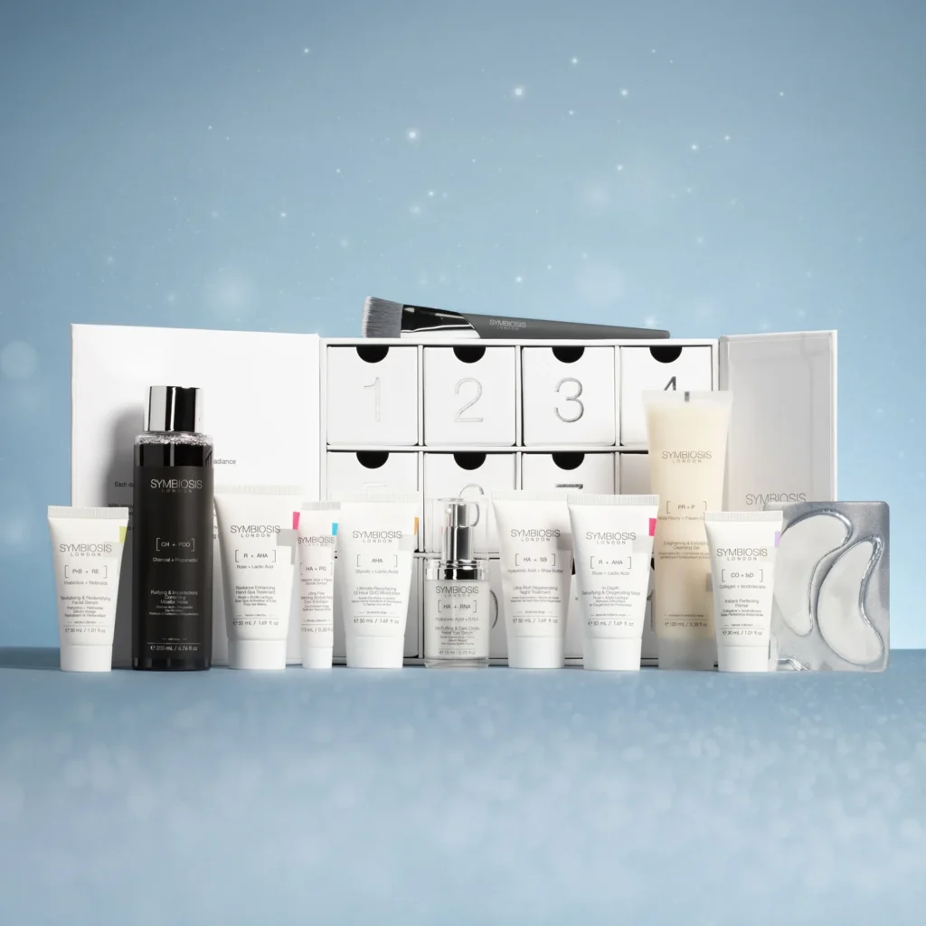 La caja y los productos del Calendario de adviento Symbiosis Skincare 2025