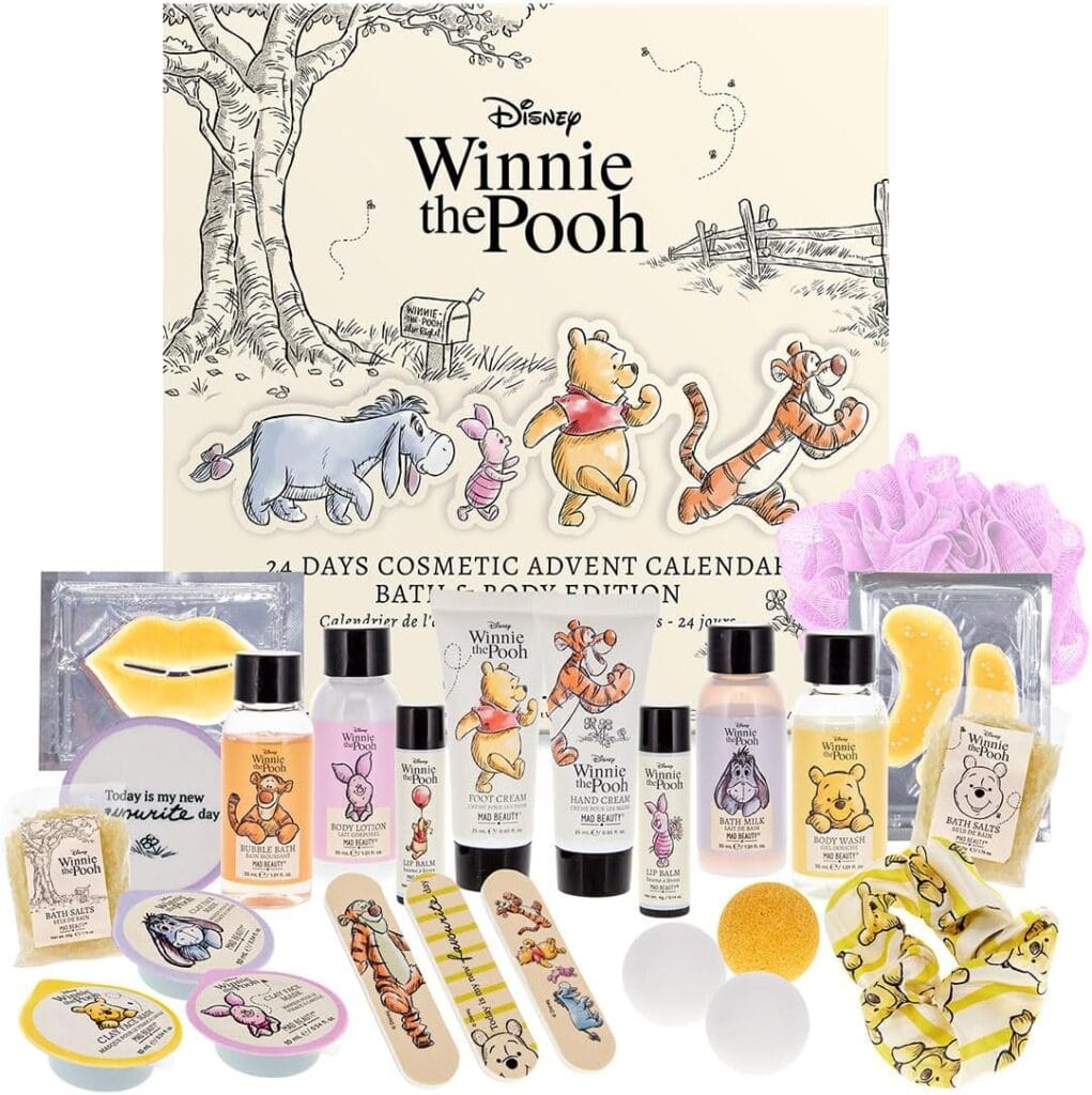 La caja y los productos del Calendario de adviento Winnie The Pooh 2025 de Mad Beauty