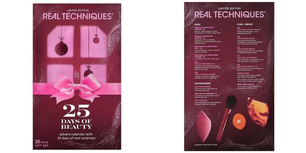 La parte frontal y trasera del Calendario de Adviento Real Techniques 2025