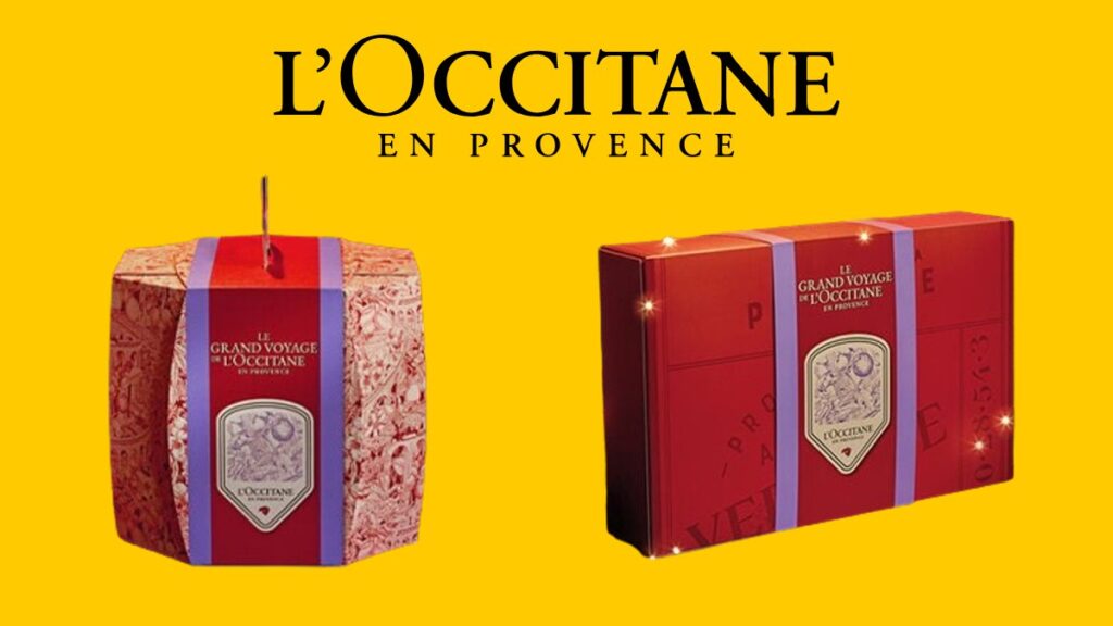 Los dos Calendarios de Adviento L'Occitane 2024 sobre un fondo amarillo con el logo de la marca