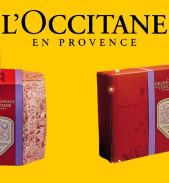 Los dos Calendarios de Adviento L'Occitane 2024 sobre un fondo amarillo con el logo de la marca