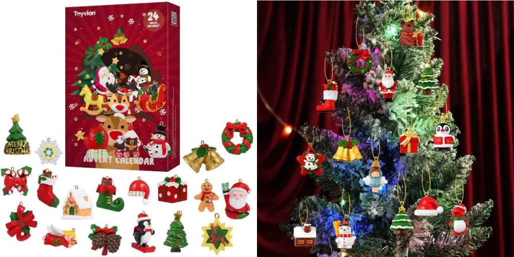 La caja de un calendario de Adviento de adornos para el árbol de Navidad y vista de un abeto con ellos colgando.