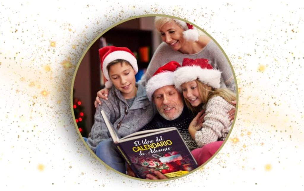 Una familia leyendo un libro de Calendario de Adviento