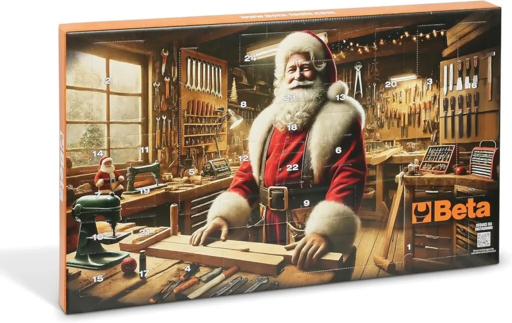 Una caja de calendario de adviento de herramientas con Papá Noel ante una mesa de carpintería