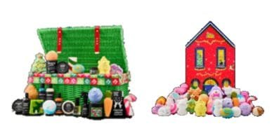 Las cajas y los productos de los dos calendarios de adviento Lush 2026
