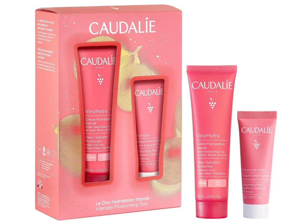 La caja fucsia y los dos productos del set Caudalie Christmas 2024 The Intense Hydration Edit