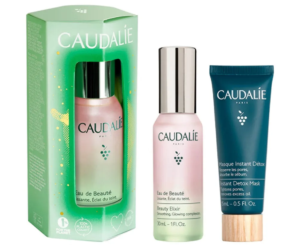 La caja y los productos del set Caudalie Christmas 2024 The Mini Icons Duo