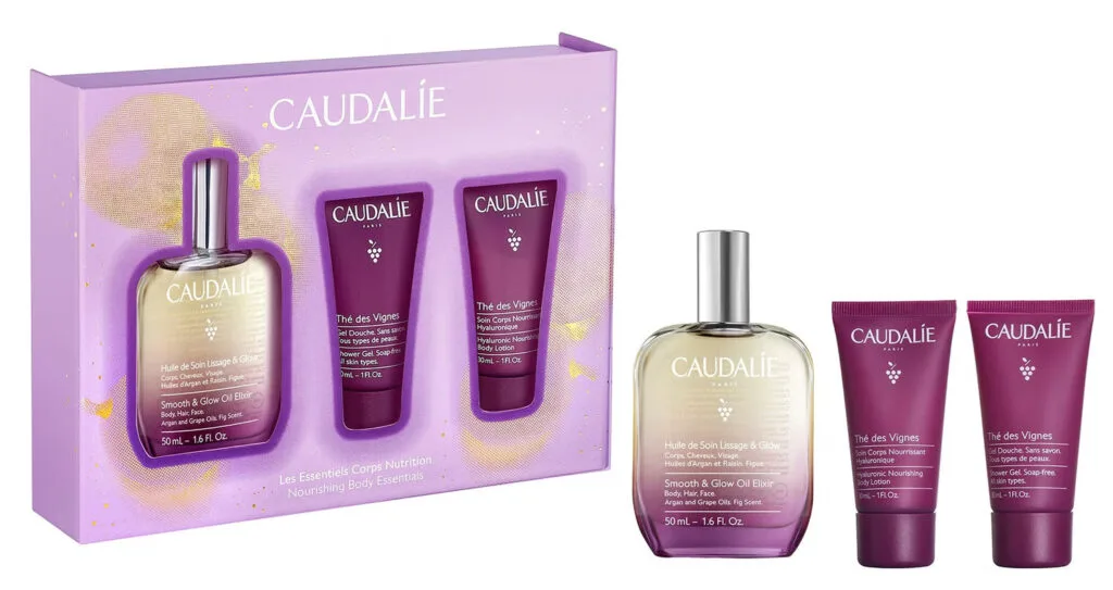 La caja violeta y los tres productos del set Caudalie Christmas 2024 The Nourishing Body Essentials