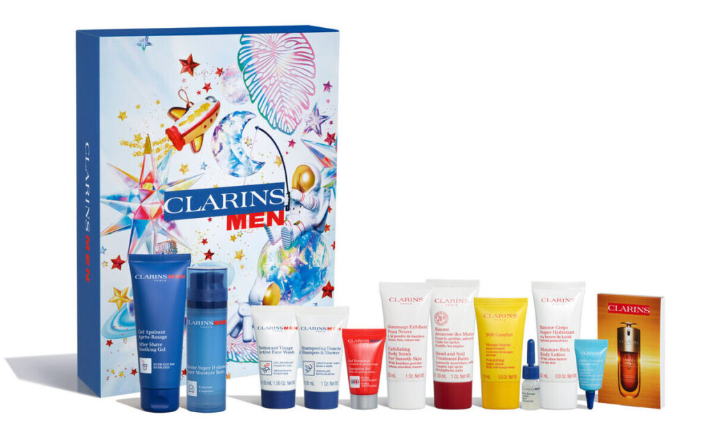 La caja y los productos del Calendario de Adviento Clarins Men 2024