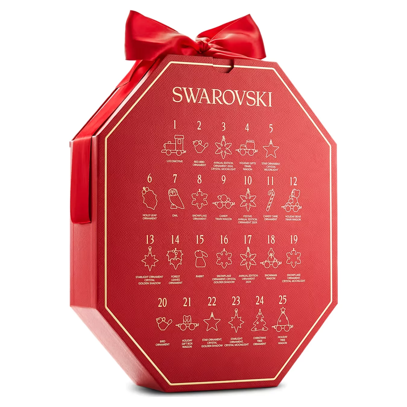 La parte trasera del Calendario de Adviento Swarovski 2024, con la indicación numerada de sus 25 productos