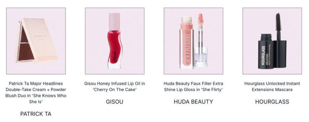 Cuatro de los productos que incluye el Calendario de Adviento Cult Beauty 2025
