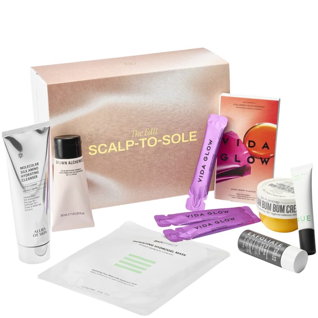 La caja y los productos de Cult Beauty Scalp to Sole Edit