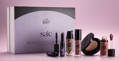 La caja y los seis productos del set Cult Beauty x Saie