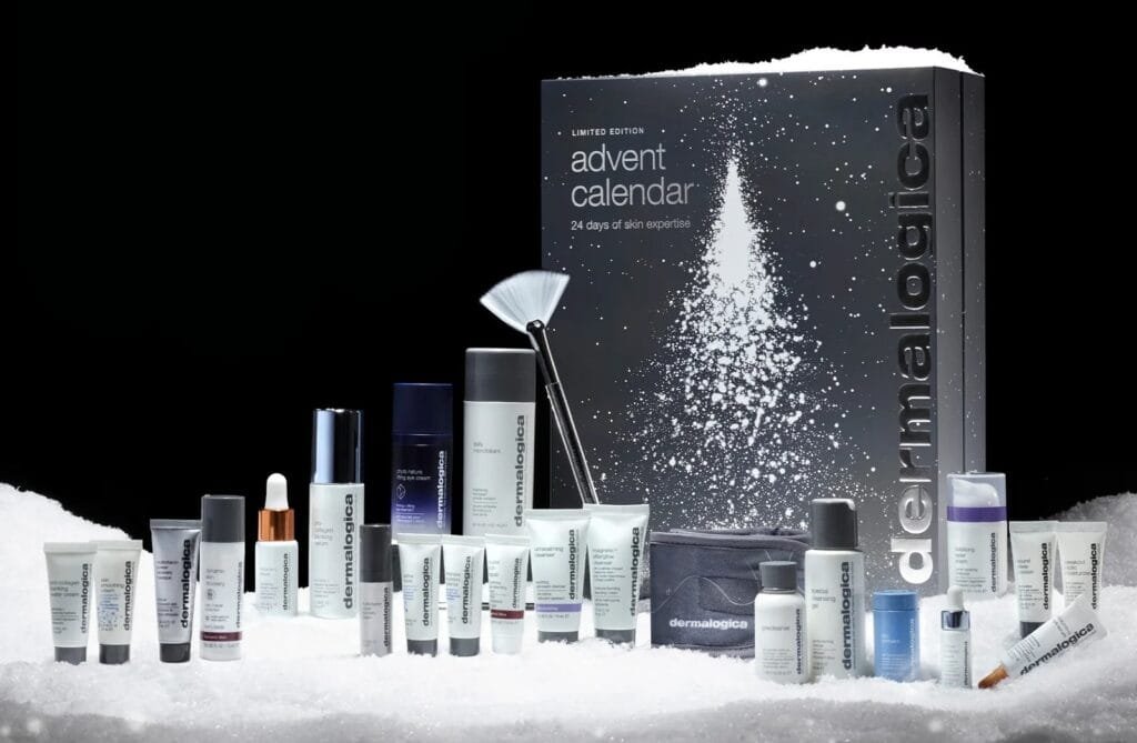 La caja y los productos del Calendario de adviento Dermalogica 2026