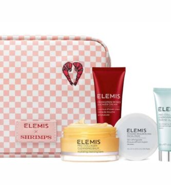 El neceser y los seis productos del set Elemis x Shrimps Travel Icons