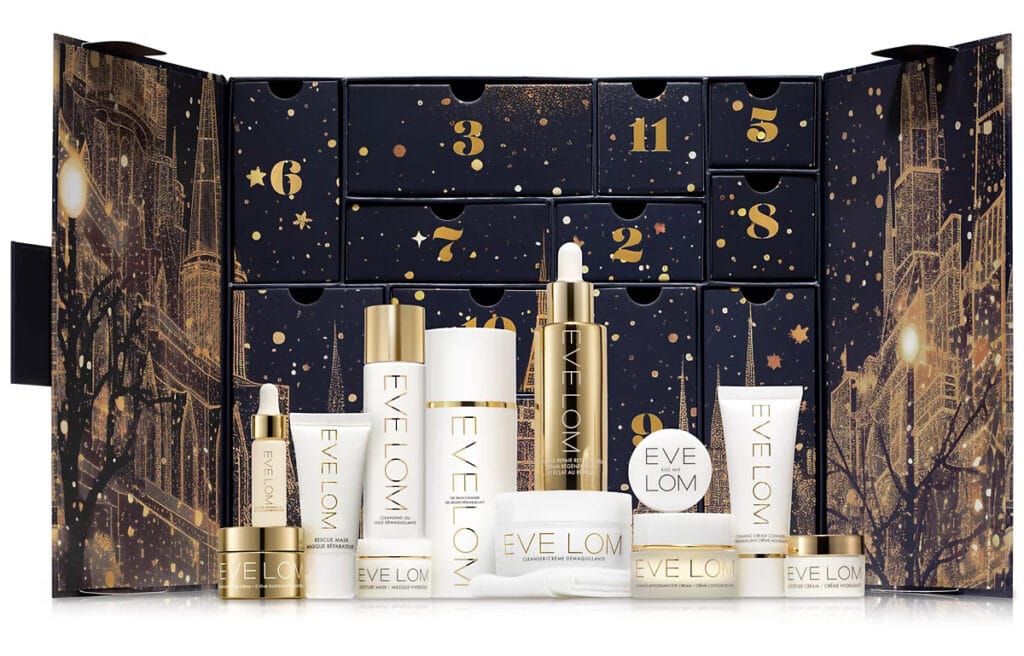 La caja y los 12 productos del Calendario de adviento Eve Lom 2025
