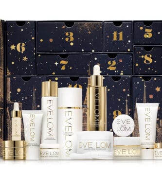 La caja y los 12 productos del Calendario de adviento Eve Lom 2025
