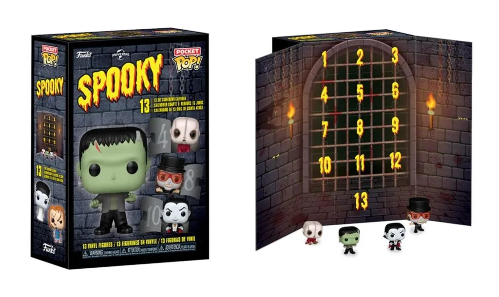 La caja y cuatro. delas figuras del Calendario de adviento Funko Spooky Universal Studios 13-day Countdown 2025
