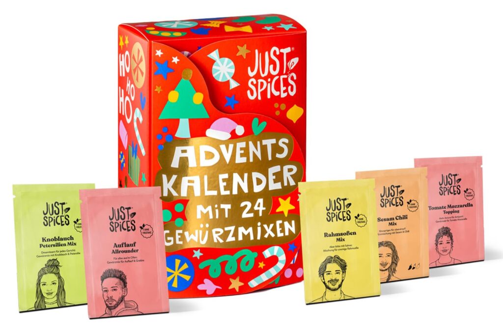 La caja y algunos de los sobres de especias del Calendario de adviento Just Spices 2025 pequeño 