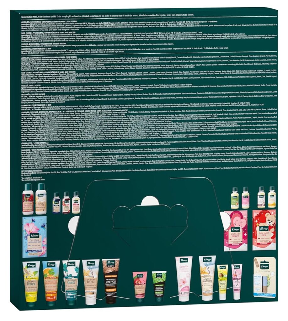 La parte trasera de la caja del Calendario de adviento Kneipp 2025, que muestra los productos incluidos