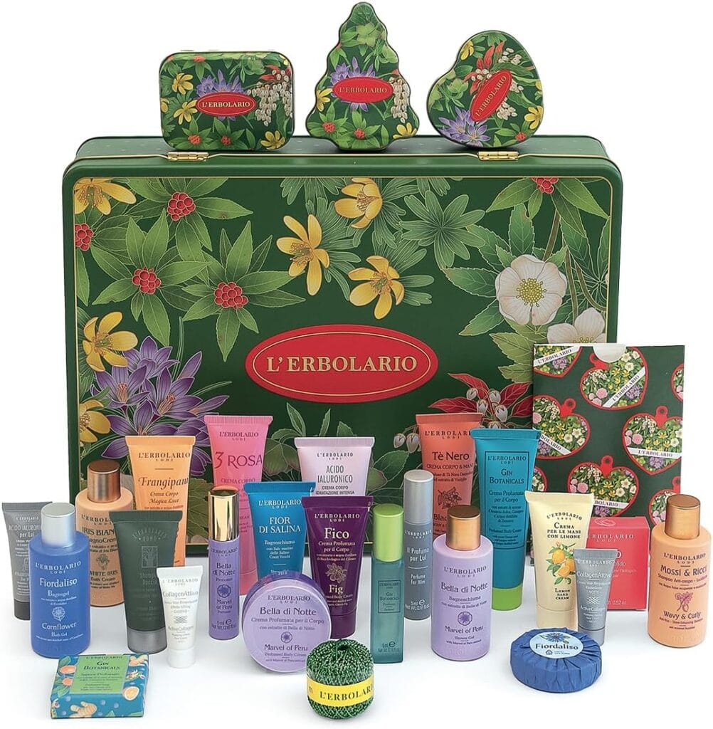 La caja y los productos del Calendario de adviento L'Erbolario 2025