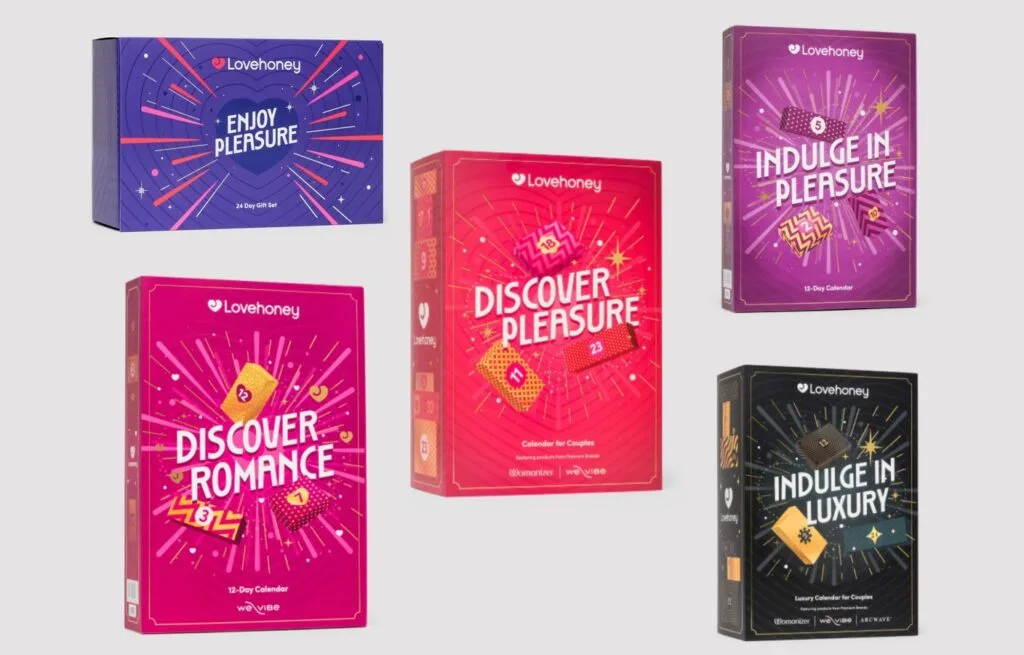 Las cajas de los cinco calendarios de adviento Lovehoney 2025