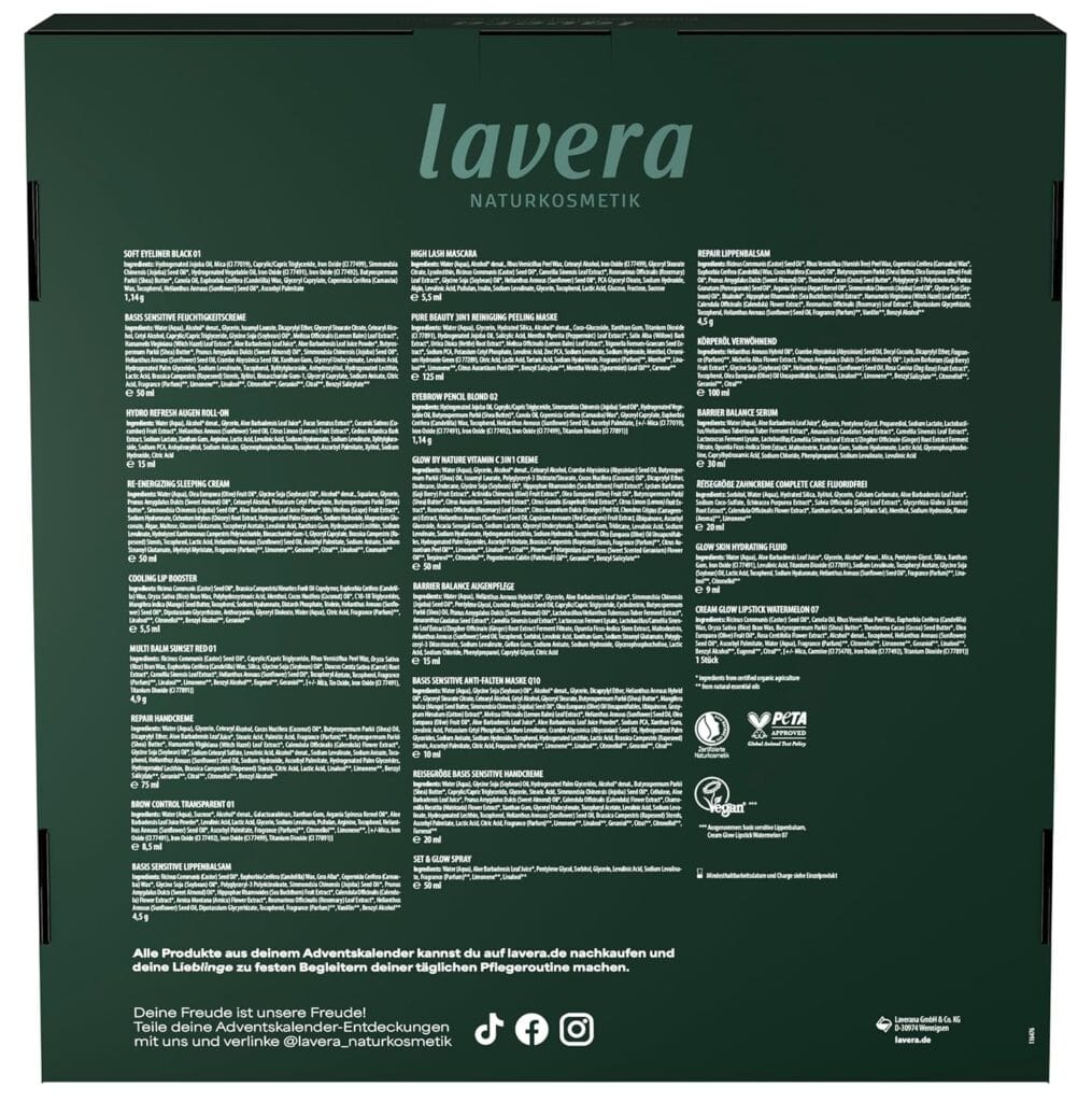La parte trasera de la caja del La caja verde numerada del Calendario de Adviento Lavera 2025 con la lista de sus productos