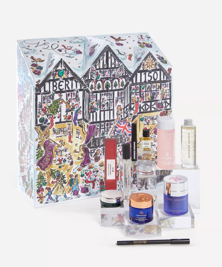 La caja y unos cuantos productos del Calendario de Adviento Liberty Beauty 2025