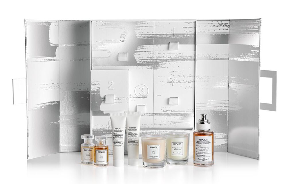 La caja y los productos del Calendario de Adviento Maison Margiela Fragrance 2024