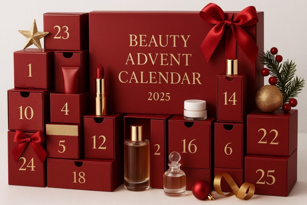Mejores calendarios de adviento de belleza 2025: precios, lanzamientos y dónde comprarlos 1 Un calendario de adviento granate con cajas numeradas y productos de cosmética, con el logo "Beauty Advent Calendar 2025"