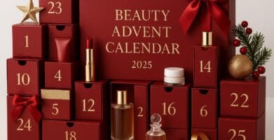Mejores calendarios de adviento de belleza 2025: precios, fechas y dónde comprarlos 9 Un calendario de adviento granate con cajas numeradas y productos de cosmética, con el logo "Beauty Advent Calendar 2025"