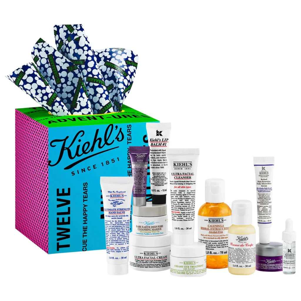 La caja y los productos del Calendario Kiehl's 2024 12 Mini Advent-ures