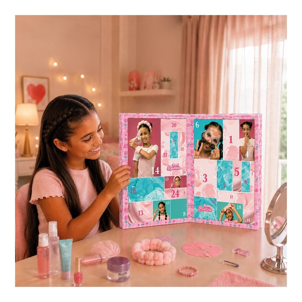 Una niña con la caja abierta del Calendario de adviento Nice Beauty Routine 2026