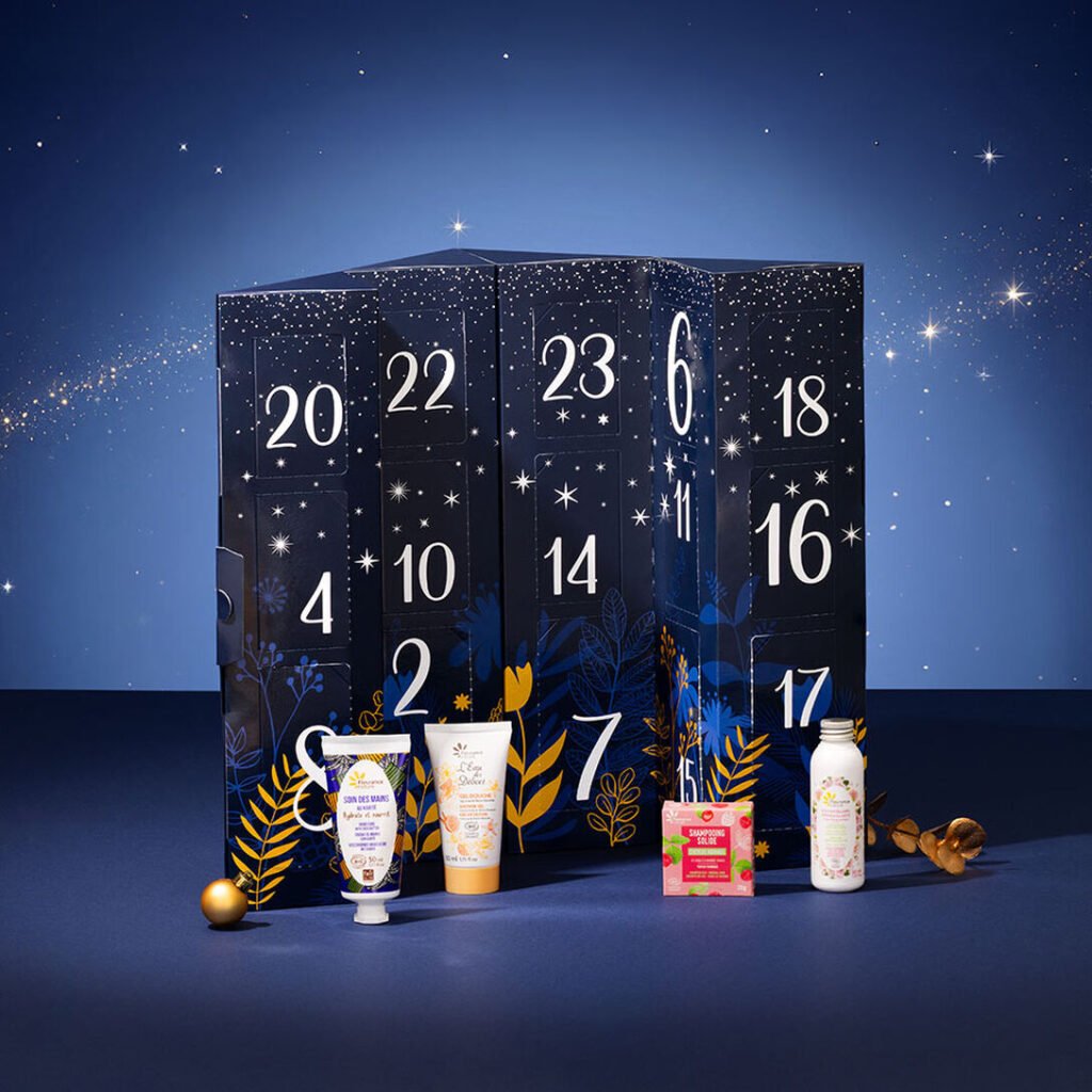 La caja y algunos productos del Calendario de adviento Fleurance Nature 2026 "Noche Estrellada"