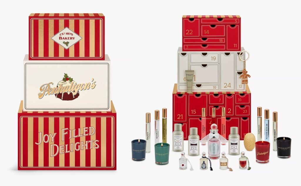 La caja y los productos del Calendario de Adviento Penhaligon's 2024