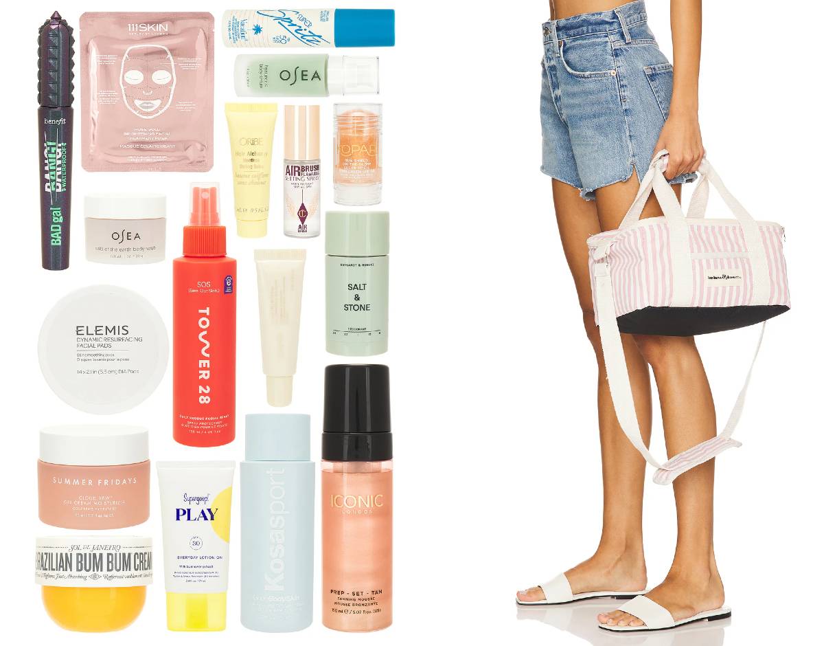 Los productos de la Revolve Summer Beauty Bag junto a una chica con la bolsa que los contiene