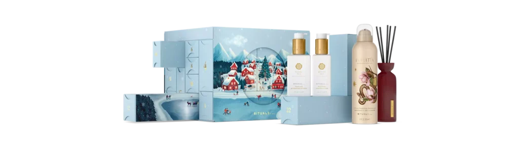 La caja y algunos productos del Calendario de adviento Rituals Deluxe 2025