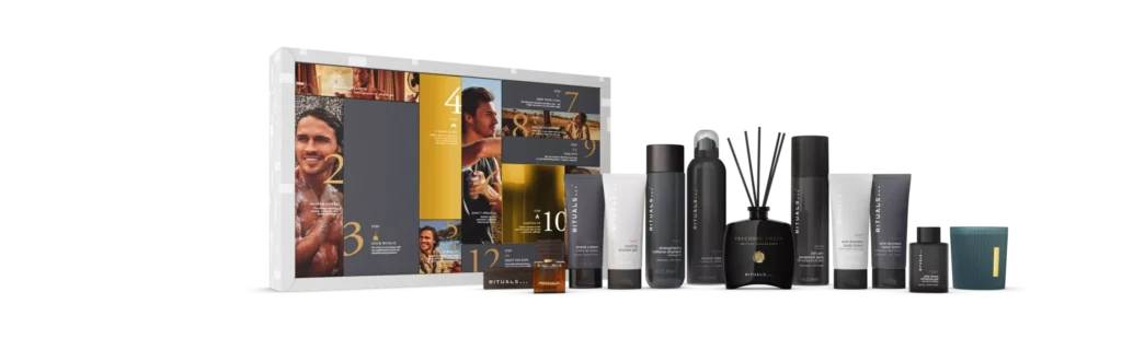 La caja y los productos del Calendario de adviento Rituals Hombre 2025
