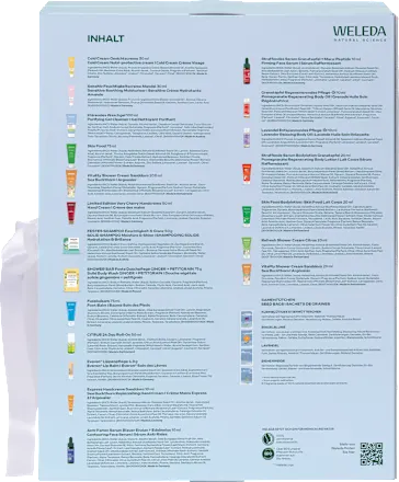 La parte trasera de la caja del Calendario de Adviento Weleda 2025, donde muestra los productos que contiene