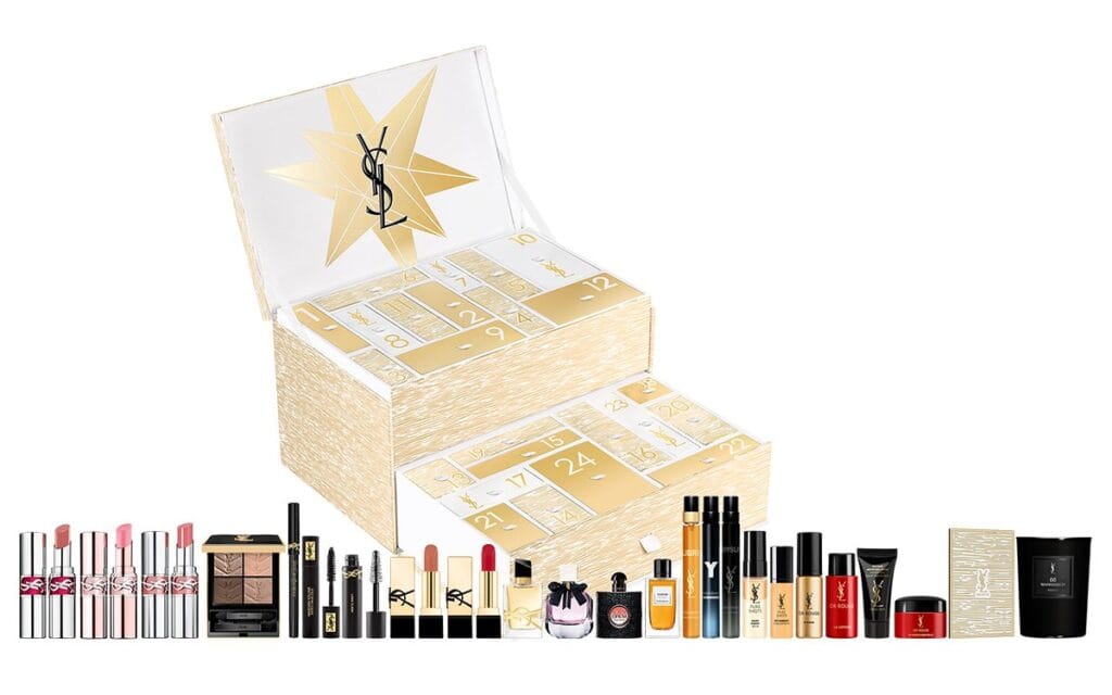 La caja y los productos del Calendario de adviento Yves Saint Laurent 2025