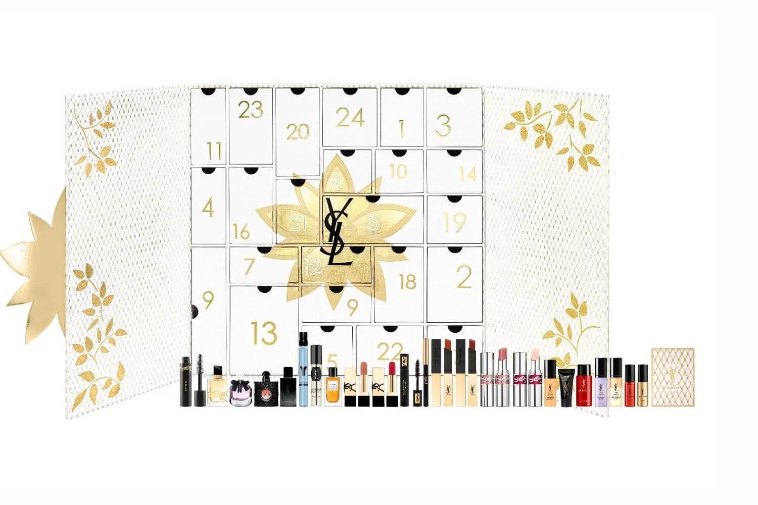 La caja abierta y los 24 productos de belleza del Calendario de Adviento Yves Saint Laurent 2024 La caja abierta y los 24 productos de belleza del Calendario de Adviento Yves Saint Laurent 2024