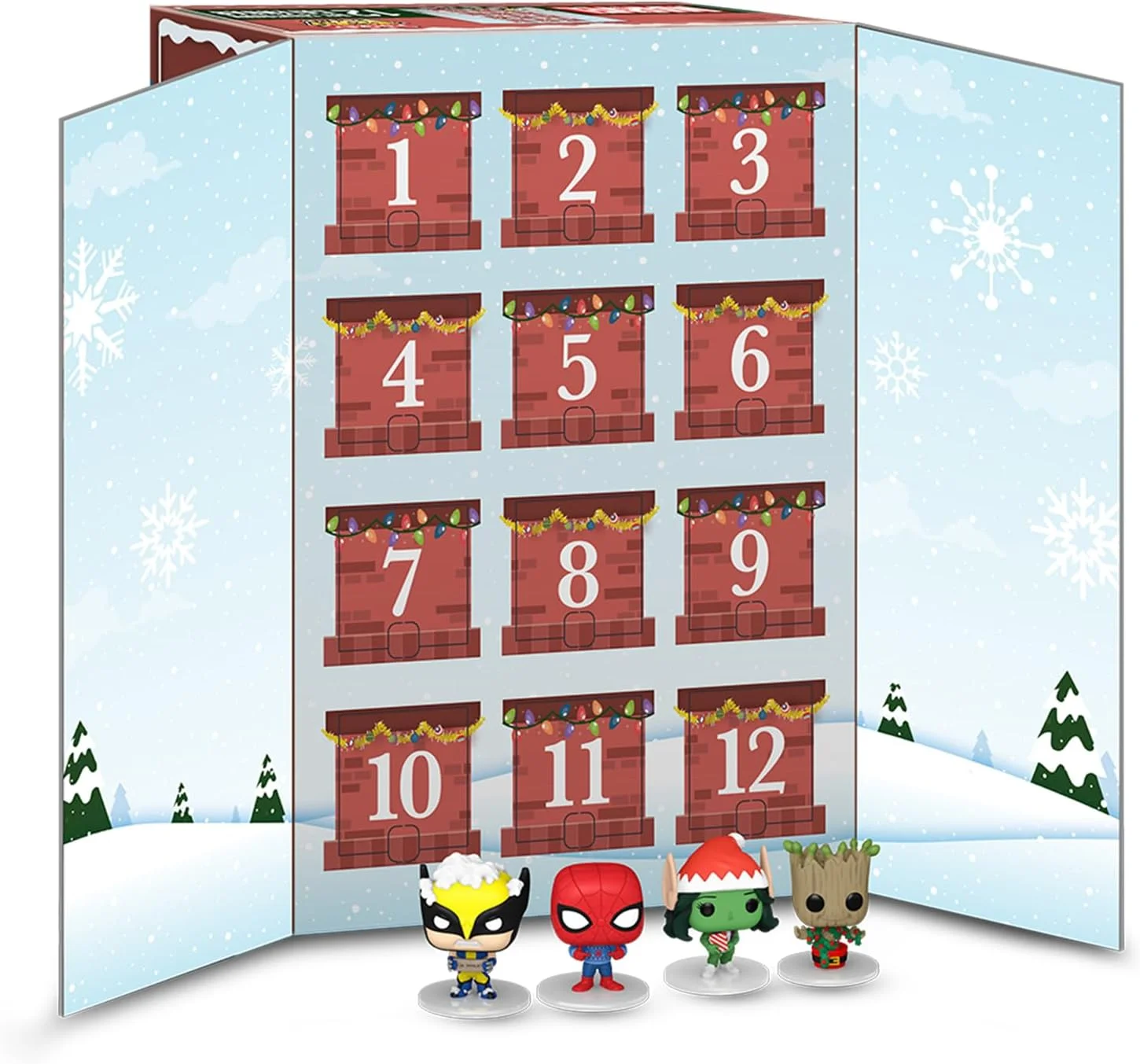 El interior de la caja del calendario Funko Pop Marvel 12 Day Countdown 2024