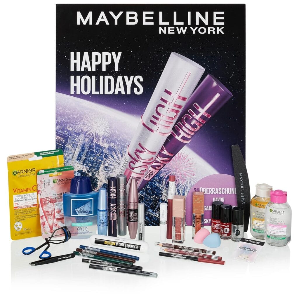 La caja y los productos de maquillaje del Calendario de Adviento Maybelline New York 2025 de 31 días