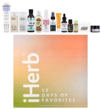 La caja y los productos del Calendario de adviento iHerb 2025