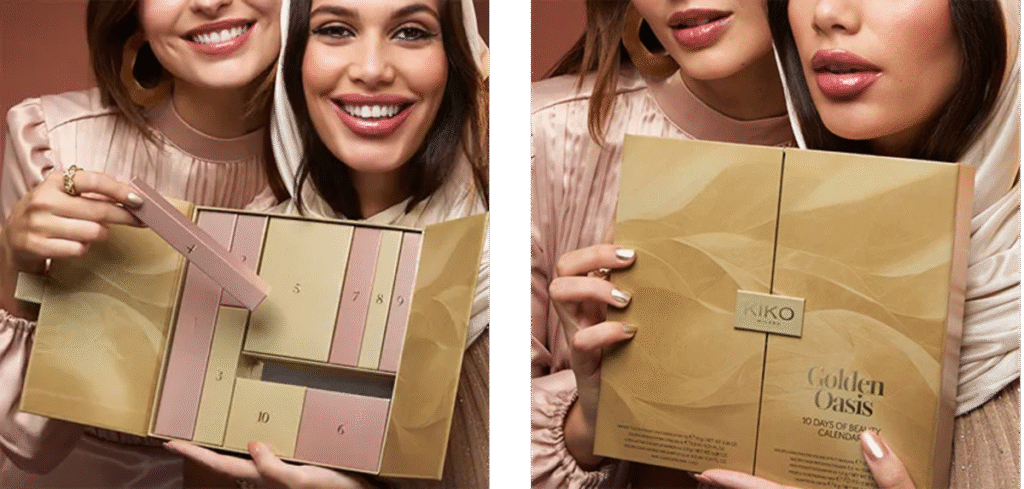 Dos imágenes de dos chicas con el calendario Golden Oasis de Kiko Milano